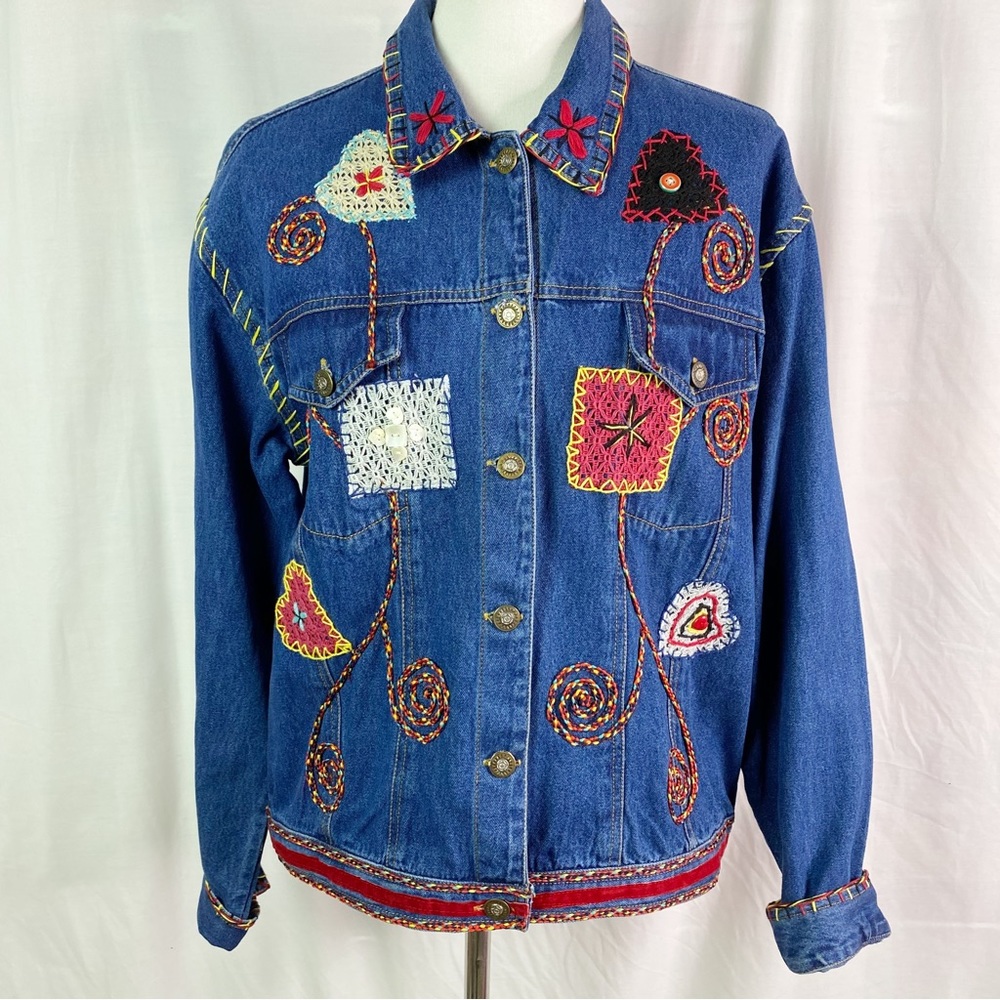 Vintage Boho Crochet Trim Heart Embroidered Jean Jacket XL